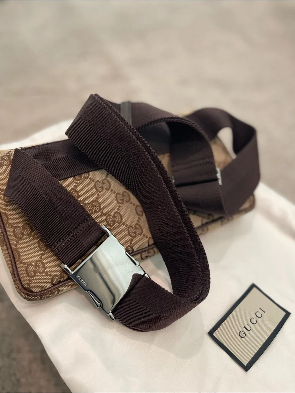 Gucci Beige GG Supreme Belt Bag with Dark Brown Strap/ wth dust bag